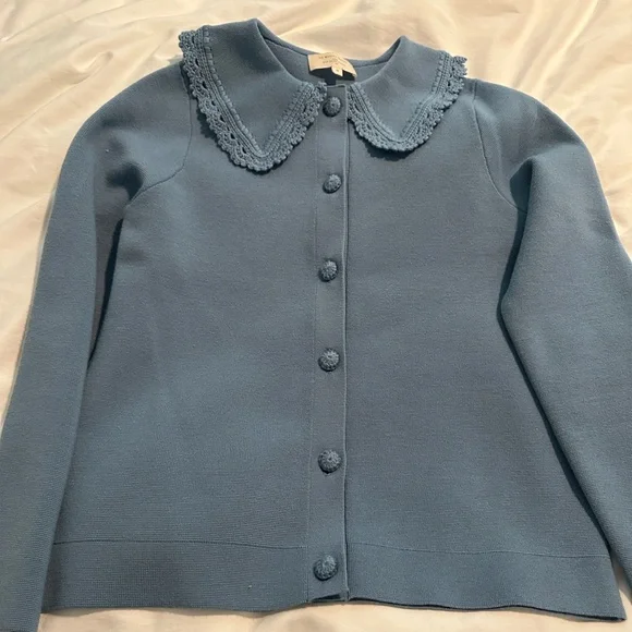 Sezane Blue Cardigan with Crochet Collar - Picture 3 of 5